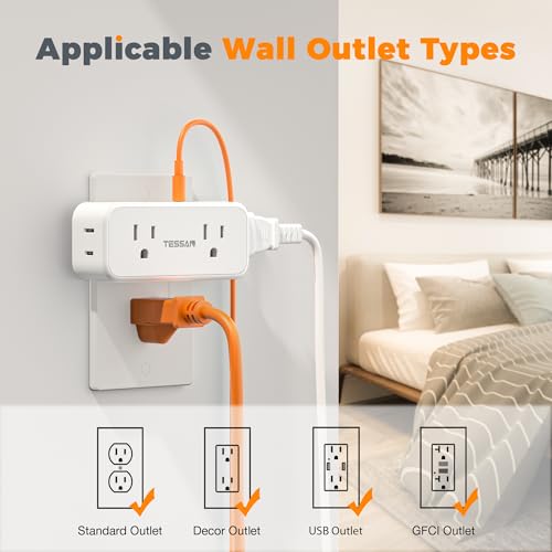 TESSAN Wall Outlet Extender, Multi Plug Mini Wall Expander, White - color: White with USB-C, size: 7 Outlets