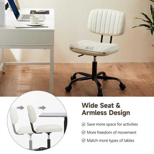 Armless Office Chair, Swivel Rolling PU Leather Vanity Chair with Back Lumbar Support Height Adjustable Computer Chair, Small Desk Chair for Home Office (Beige White) - color: Beige White
