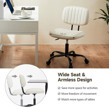 Armless Office Chair, Swivel Rolling PU Leather Vanity Chair with Back Lumbar Support Height Adjustable Computer Chair, Small Desk Chair for Home Office (Beige White) - color: Beige White