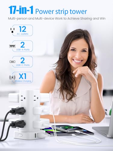 Tower Power Strip with 15W Wireless Charger, 6FT Flat Plug Extension Cord with Multiple Outlets, 12 AC Outlets, 4 USB Ports (2 USB C) Charging Station Surge Protector for Office Home Dorm Room (White) - color: White, size: 6FT with wireless charging
