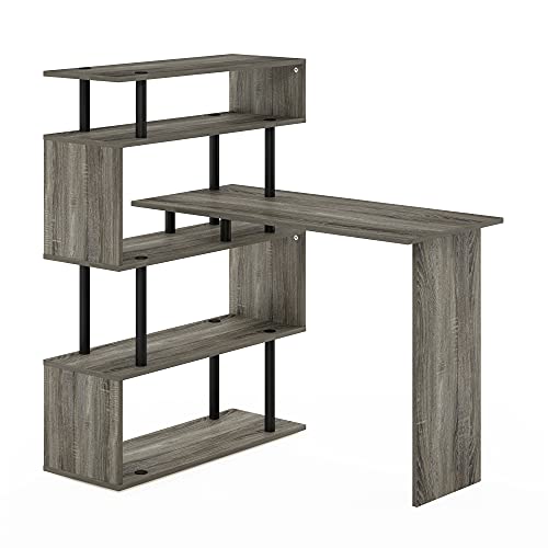 Furinno Moore L-Shape Computer Desk with 5-Tier Shelves, French Oak | L-Shape Gaming Desk, Reversible, Computer Desk, for Home Office, Bedroom - color: French Oak/Black