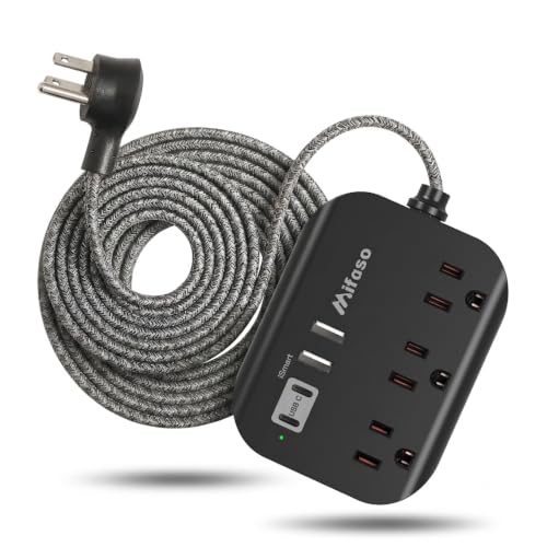 Mifaso Power Strip with USB, 15Ft Compact Flat Plug Extension Cord - color: Black, size: 15 ft