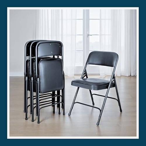 OEF Furnishings OEF1204 Vinyl Cushioned Folding Chairs with Steel Frame, Blue, 4-Pack - color: Blue