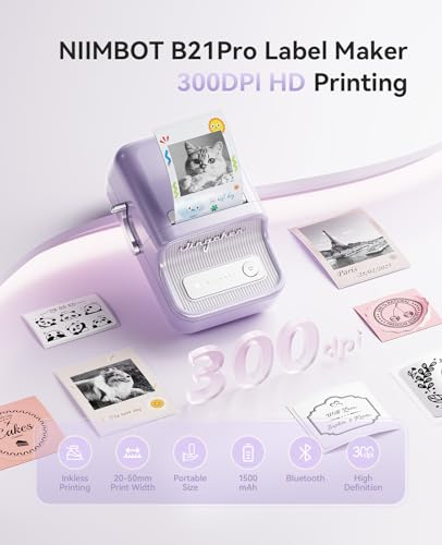 NIIMBOT Label Maker, B21 Pro 300DPI HD Sticker Printer for Photos,Purple | Red&Black Dual-Color Printer, Bluetooth Sticker Maker for Notes, Study Graphics, Memo Maker, Come with 2'' x 1.2'' Label Roll - color: Purple