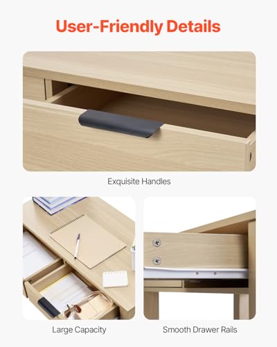 VEVOR Small Desk with Drawers, Wooden Table for Home Office, Small Computer Desk with Storage, Vanity Desk with Drawers, Study Table for Adults/Students for Drawing, Reading, Writing, Light Wood - size: 34.25"D x 15.55"W x 29.57"H