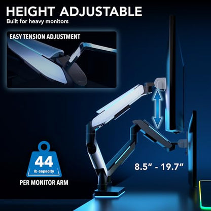 Mount-It! Heavy Duty Dual Monitor Arm up to 35 in. 44 lbs Screens, RGB Lights, 75x75 100x100 VESA Desk Mount for 2 Widescreen Curved Monitors 27 32 34 35 inches, Gas Spring, Clamp, Grommet, RGB Lights