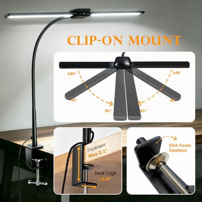 LED Desk Lamp for Home Office, Double Head Computer Monitor Light with Clamp, 5 Color Modes and 3 Brightness Levels, Long Flexible Goose-Neck, USB Eye-Caring Clip on Lights for Reading, Black - style: Double Tubes Lamp