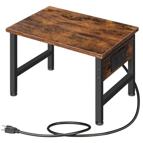 HOOBRO Printer Stand for Desk, Desktop Printer Stand with Charging Station, Small Printer Table with Storage Hook, Under Desk Printer Cart, File Rack for Home Office BF01UPS01 - color: Rustic Brown + Black