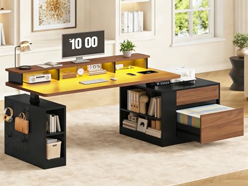 Standing Desk Adjustable Height, 70" Executive Electric Office Desk, Sit Stand Computer Desk with Storage Drawer, Power Outlets, Led Lights, Monitor Stand, Printer Space, Pegboard Black&Walnut - color: Black, size: Rectangle