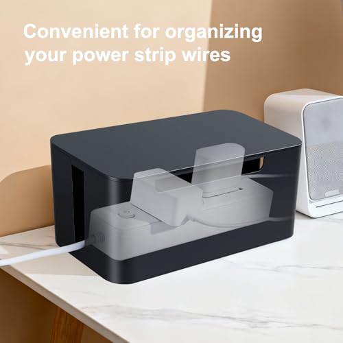 Eichzer Cable Management Box with Lid, Three Entry/Exit Slots, Black | Large Cord Organizer, Plastic Power Strip Cover, Hide Surge Protector on Desk & Floor, for TV Computer Home Router Office