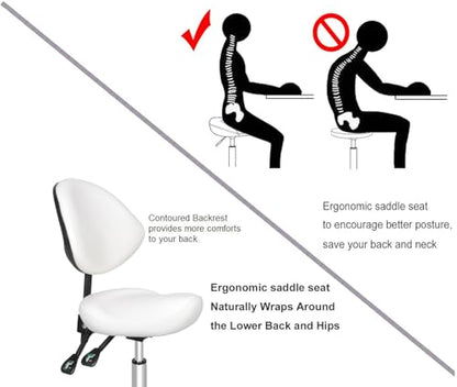 Kaleurrier Saddle Stool with Back Support: Rolling Saddle Chair with Wheels - color: White, size: With Back