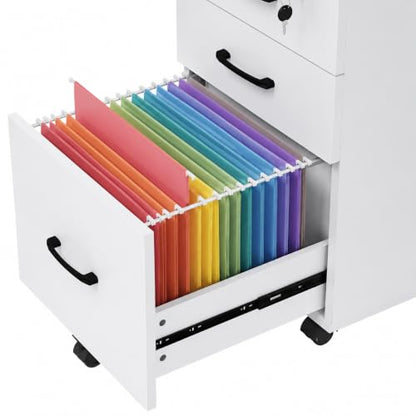 Lockable 3-Drawer Mobile Filing Cabinet with Wheels, Heavy-Duty Vertical Under Desk Storage & Printer Stand, Compatible with A4, Letter, Legal Size Hanging Files Home Office Use (White) - color: White