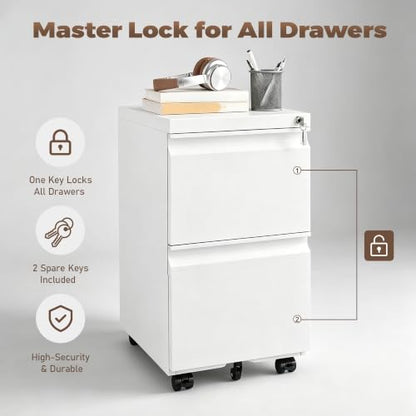 Approgreent 2 Drawer Metal File Cabinet, Fully Assembled Locking Filing Cabinet with Anti-Tipping Wheels, Quiet Slide, Heavy-Duty Steel Construction, Fits A4 Letter Legal for Home Office, Matte White - color: 03-b White