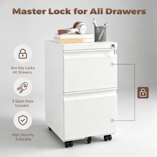 Approgreent 2 Drawer Metal File Cabinet, Fully Assembled Locking Filing Cabinet with Anti-Tipping Wheels, Quiet Slide, Heavy-Duty Steel Construction, Fits A4 Letter Legal for Home Office, Matte White - color: 03-b White