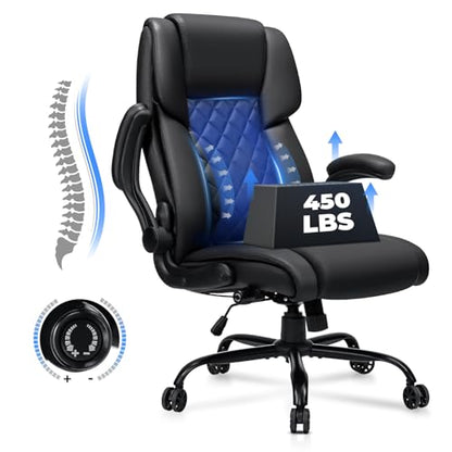 Big and Tall Office Chair 450lbs Heavy Duty Ergonomic Executive Desk Chair with Adjustable Lumbar Support High Back Home Computer Leather Chair with Padded Flip-up Arms for Heavy People Black - color: Black