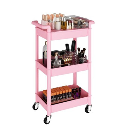 MIOCASA Utility Rolling Cart with Cover Top Board, 3-Tier Kitchen Storage Organization, Art Cart with Wheels for Office, Classroom, Livingroom, Kitchen, Bathroom, Pink, Plastic - size: 3-Tier, style: Pink