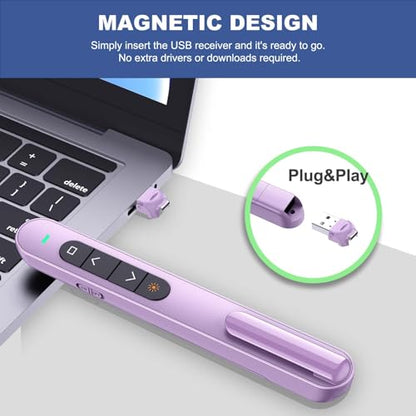 QUI Presentation Clicker with Volume Control, Wireless Presenter Remote | Plug & Play 2.4GHz USB Slide Advancer Compatible with Mac/Windows, Works with PowerPoint, Keynote, and Google Slides - color: Purple, size: L
