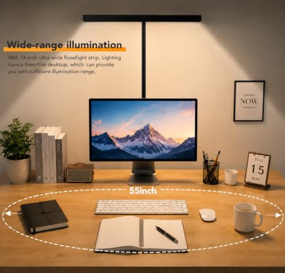 LED Desk Lamp with clamp, Remote Control Desk Lamp, 5 Color Modes & 10 Brightness Levels, 17'' Wide Light Bar, Eye Caring Gooseneck Desk Light, Adapter Included - color: Black