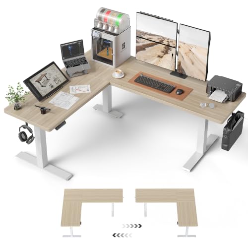 FEZIBO Triple Motors 25mm Tabletop L Shaped Standing Desk, 75" X 63" Electric Standing Gaming Desk Adjustable Height, Corner Stand up Desk with Splice Board, White Frame/Light Walnut Top - color: Light Walnut, size: 75x63 Pro