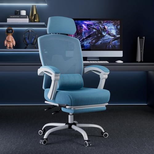 Simple Deluxe Home Office Desk Chair with Footrest, High-Back Mesh Rolling Swivel Reclining Chairs with Wheels, Comfortable Headrest, Lumbar Support, Comfy Arms - color: Blue