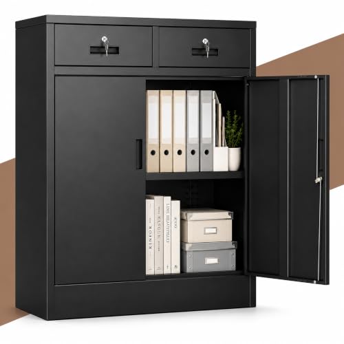SAWJEC Metal Storage Cabinet with Drawers, Locking Steel Cabinet, Black | 16"D x 31.5"W x 35"H, Locking Cabinet with 2 Drawers and 2 Doors, Adjustable Shelves, Steel Storage for Office Home Garage - color: Black, size: 16"D x 31.5"W x 35"H-2 Drawer
