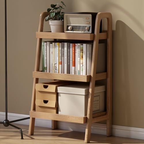 Narrow Bookshelf, Oak Ladder Style Shelf for Small Spaces, Natural Wood | Natural oak finish with visible wood grain creates a Scandinavian-style shelf for books, plants and decor in small spaces. - color: Natural Color, size: 3 Tier (12.6" L x 17.72" W x