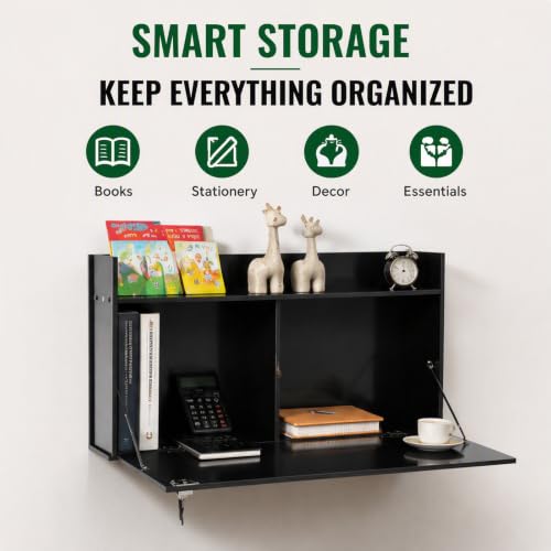 Wall Mounted Foldable Desk Cabinet with Lock, 29.9 Inch Floating Desk & Storage Shelf, Space Saving Fold Down Table for Small Spaces, Home Office, Study, Holds 44 lbs (Black, 76*43*40cm)