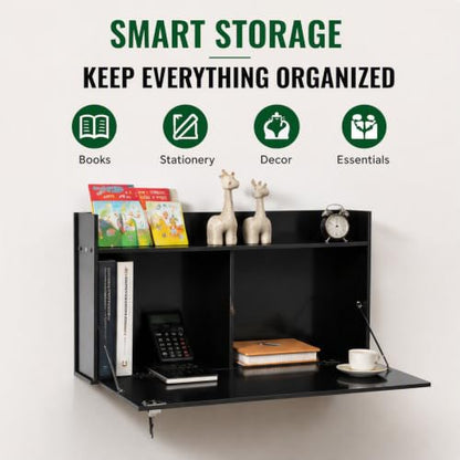 Wall Mounted Foldable Desk Cabinet with Lock, 29.9 Inch Floating Desk & Storage Shelf, Space Saving Fold Down Table for Small Spaces, Home Office, Study, Holds 44 lbs (Black, 76*43*40cm)