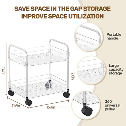 2 Tier Utility Rolling Cart with Wheels Multifunctional Storage Cart Under Desk Storage Organizer with Handle and Hooks for Home Kitchen Office Bathroom Organization Transparent