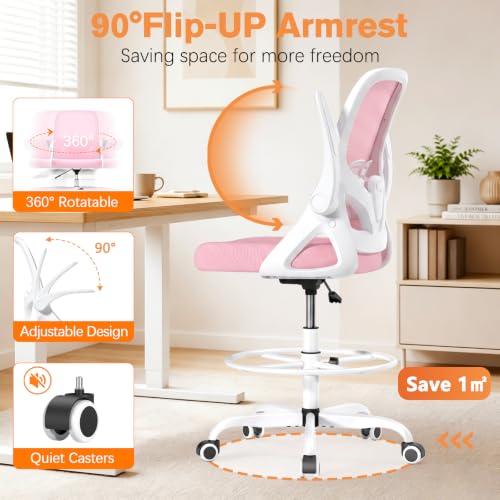 ORRSAKER Drafting Chair, Tall Office Chair with Flip-up Arms, Mesh Ergonomic Computer Standing Desk Chair with Adjustable Height Foot Ring and Lumbar Support, 300 LBS Capacity, Pink - color: Pink