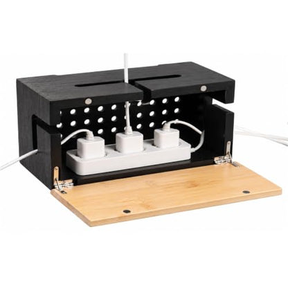 Cable Management Box Bamboo 9.6x5.1x4.3in, Black, Wall Mount Kit Included - color: Black S