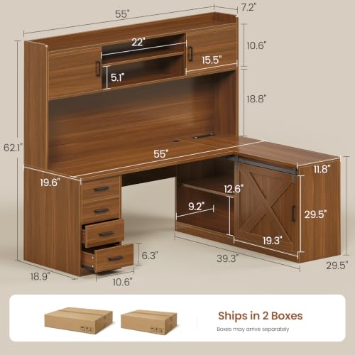 SEDETA 55” Farmhouse L Shaped Desk with 4 Drawers, Hutch, Corner Computer Desk with Storage Drawers, L Shaped Gaming Desk with LED Light and Power Outlet for Home Office, Brown - color: Brown, size: 55 inches