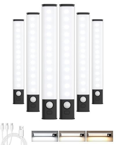 8inch Under Cabinet Lighting Wireless Closet Light Battery Operated | 6Pack Motion Sensor Light Indoor,3color Dimmable Closet Light Rechargeable Wireless,Under Counter Lights for Kitchen,Hallway - size: Black-8inch-6Pack