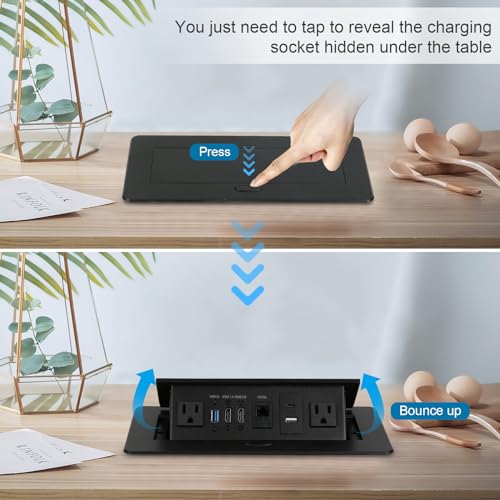 Table Pop Up Outlet, Desktop Pop Up Socket Center Countertop Socket Multimedia Strip Socket Connection Box Countertop with USB 3.0/2×AC/2×HDMI/USB-A/USB-C/LAN for Conference Desk Office (Black-3) - style: Black-3
