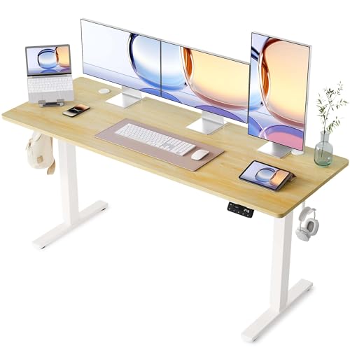 YIHAYO Electric Standing Desk, 63 x 24 Inches Stand Up Desk with Splice Board, Adjustable Height Desk, Computer Desk for Home Office, White Frame/Natural Top - color: White Frame/Natural Top, size: 63*24 Inch