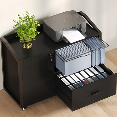 HSH File Cabinet with Wheels with Locks,Black Mobile Filing Cabinet for Legal/Letter Size, Wood Metal Printer Stand with Shelves, Wheels & Hanging File Folder for Home Office Desk, 33 in - color: Black Oak