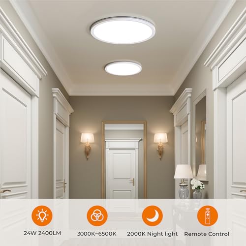 Matane 12in LED Flush Mount Ceiling Light Fixture with Remote Control, Nightlight 2000K Warm, 3000K-6500K Adjustable, Wired Low Profile Ceiling Lights for Bedroom, Kitchen, Living Room, White - color: White, size: 12 Inch