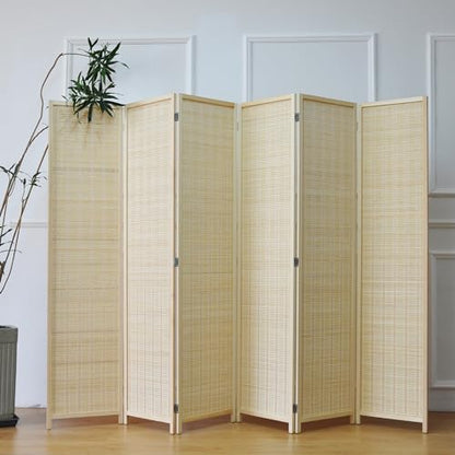 Furnnylane 6 Panel Bamboo Room Divider – 5.6 ft Tall Folding Privacy Screen, Natural Beige Freestanding Room Partition Wall (67" H x 92.1" W, 6-Panel) - color: Beige, size: 6 Panel