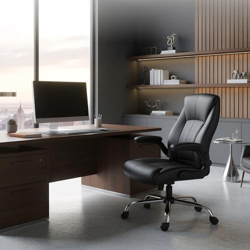 Big and Tall Office Chair for Heavy People, 400LBS High Back Extra Wide Executive PU Leather Office Chair with Flip-Up Armrests, Smooth Caster Wheels, Comfortable Home Office Desk Chair (Black) - color: Black - Rubber Wheels