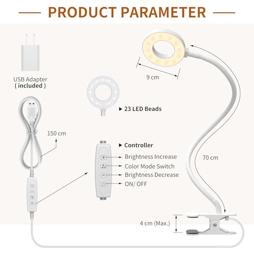 iZELL Book Light, Clip on Reading Light with Silicone Flexible Arm, Dimmable LED Lamparas Clamp on Workbench Desk for Studying Painting Crafting Drawing Makeup Nail Tech Puzzle Task - 27.6‘’ White - size: 27.6'' White