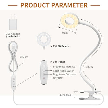 iZELL Book Light, Clip on Reading Light with Silicone Flexible Arm, Dimmable LED Lamparas Clamp on Workbench Desk for Studying Painting Crafting Drawing Makeup Nail Tech Puzzle Task - 27.6‘’ White - size: 27.6'' White