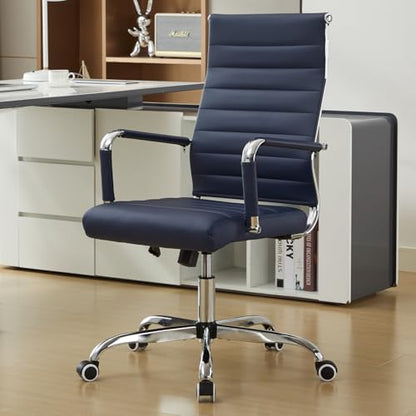 Office Desk Chair Leather, Conference Room Chairs with Wheels, Modern Executive Computer Guest Chairs with Arms. - color: Navy Blue