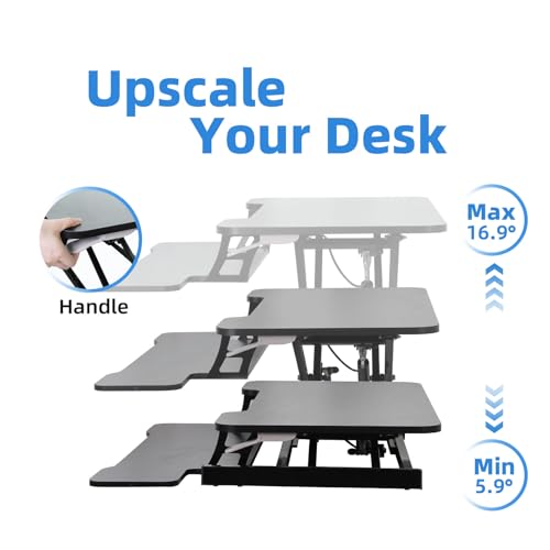 Standing Desk Converter, 32" Height Adjustable Sit to Stand Up Workstation, Dual Monitor Desk Riser with Keyboard Tray, Black Desktop Tabletop Riser Laptop for Home Office