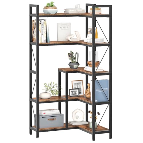 Corner Bookshelf, 5-Tier L-Shaped Bookcase, Corner Shelf with Metal Frame, Industrial Tall Display Shelf, for Living Room, Home Office, Bedroom, Rustic Brown TSJ12BF
