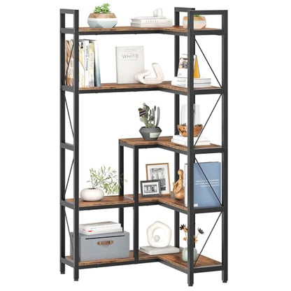 Corner Bookshelf, 5-Tier L-Shaped Bookcase, Corner Shelf with Metal Frame, Industrial Tall Display Shelf, for Living Room, Home Office, Bedroom, Rustic Brown TSJ12BF