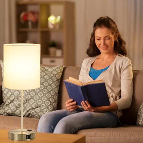 Lynnoland Set of 2 Touch Control Table Lamps with 2 USB & AC Outlet, 3-Way Dimmable Bedside Nightstand Lamps for Bedroom Living Room Nursery, 800 Lumens 3000K Warmlight Bulbs Included - color: White & Brass (Base) - 3000K