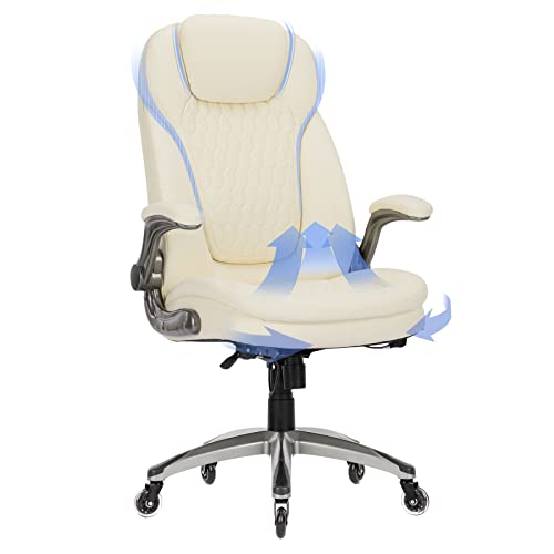 COLAMY Ergonomic High Back Office Chair, Ivory Bonded Leather Executive Desk Chair with Flip-up Arms, Thick Cushion, Silent Nylon Wheels, Adjustable Height & Rocking Function, 300lbs Capacity - color: Iovry White, size: set of 1