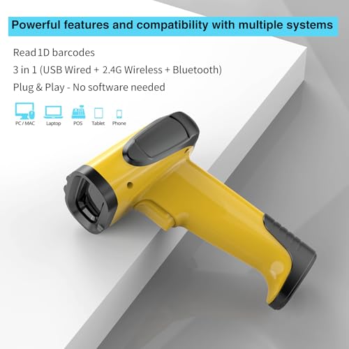 2.4GHz Wireless & Bluetooth Handheld 1D 2D Barcode Scanner, Triple Mode USB Laser Scanning Gun for Android iOS Windows, Retail Warehouse Inventory Management - color: Yellow