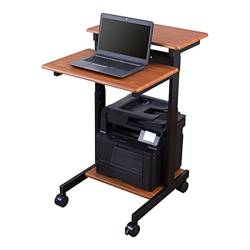 Stand Up Desk Store Rolling Adjustable Height Two Tier Standing Desk Computer Workstation (Black Frame/Teak Top, 24" Wide) - color: Black Frame/Teak Top, size: 24 Inches