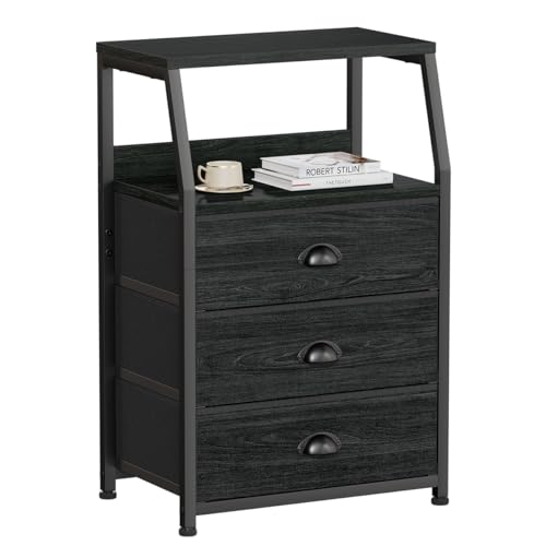Black Night Stand, Small Bedside Table for with 3 Fabric Drawers | Night stand with Drawers and 2-Tier Shelf, Small Dresser with Metal Frame and Wood Top, Storage Drawers for Dorm, Living Room - color: Black Oak, style: 3 Drawers
